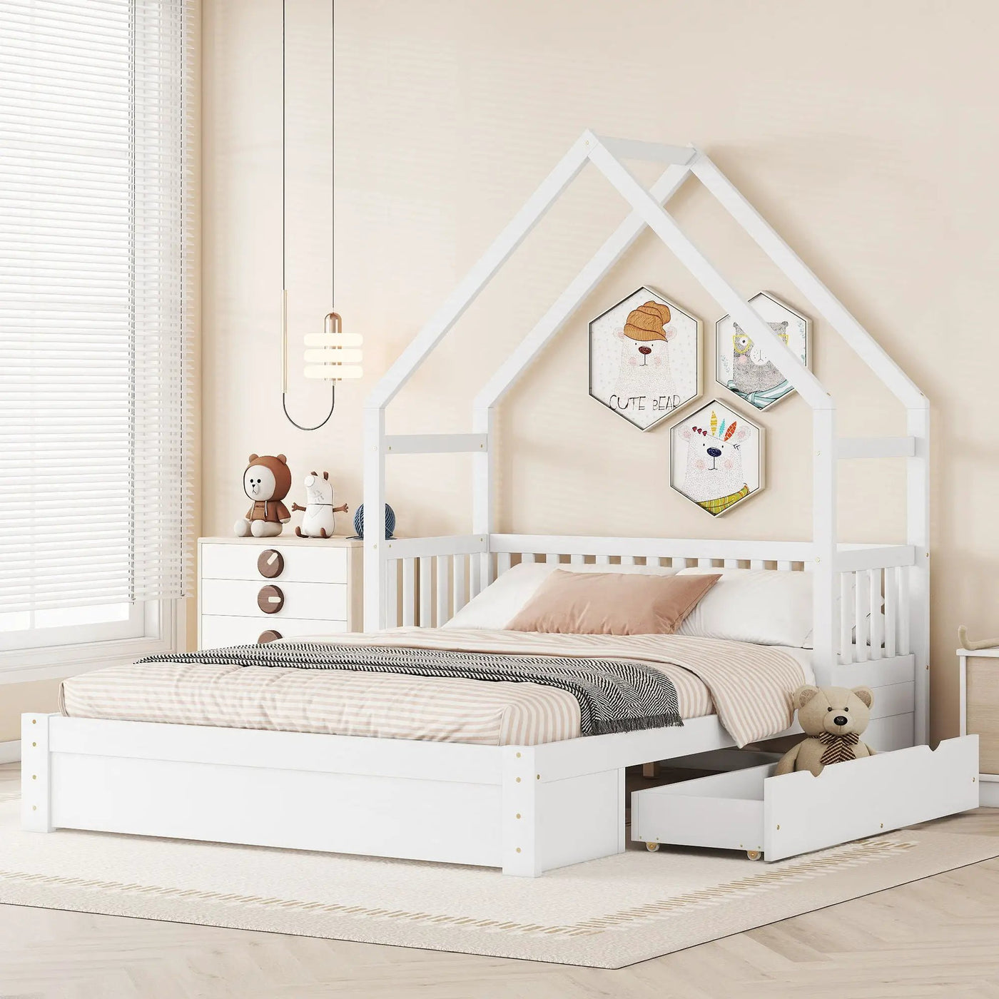 House Style Platform Bed With Guardrail And 2 Drawers by Unique Piece Furniture
