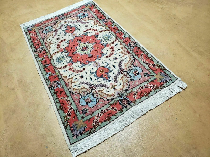 Small Vintage Persian Tabriz Wool and Silk Rug 2.5 x 4 ft, Very Finely Hand Knotted, Medallion, Ivory Salmon Light Blue, Top Quality, Pair B by Jewel Rugs