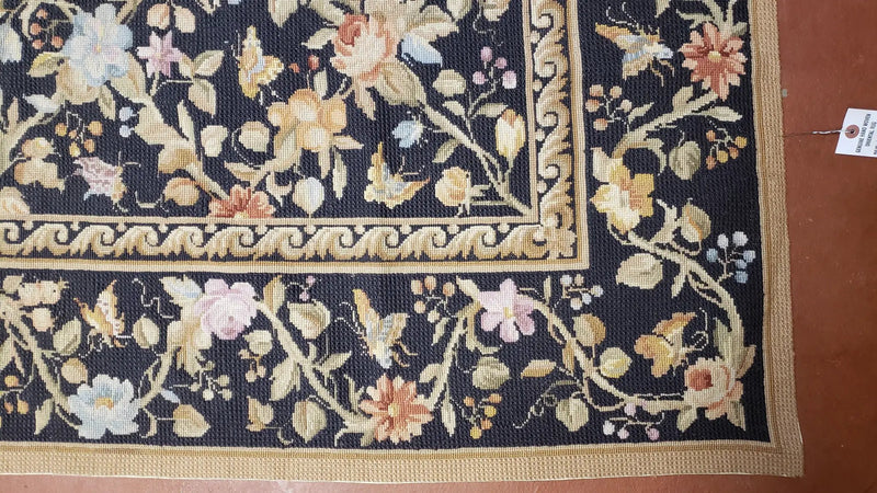 6x9 Vintage Needlepoint Rug, Petitepoint Carpet, Butterflies Floral Design by Jewel Rugs