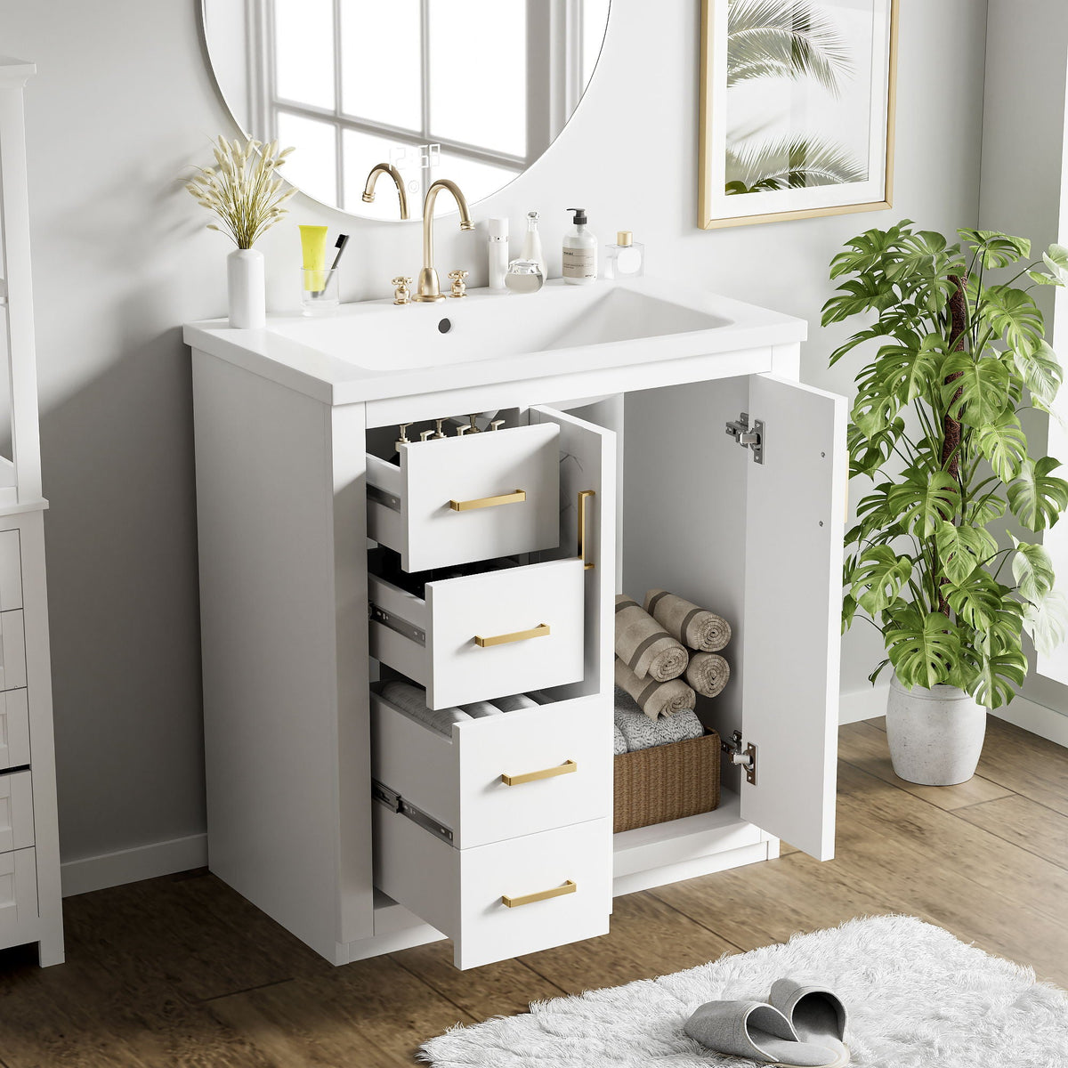 Ceramic Sink Combo, Freestanding Vanity Set With 3 Drawers & Soft Closing Doors, photo 30 of 35