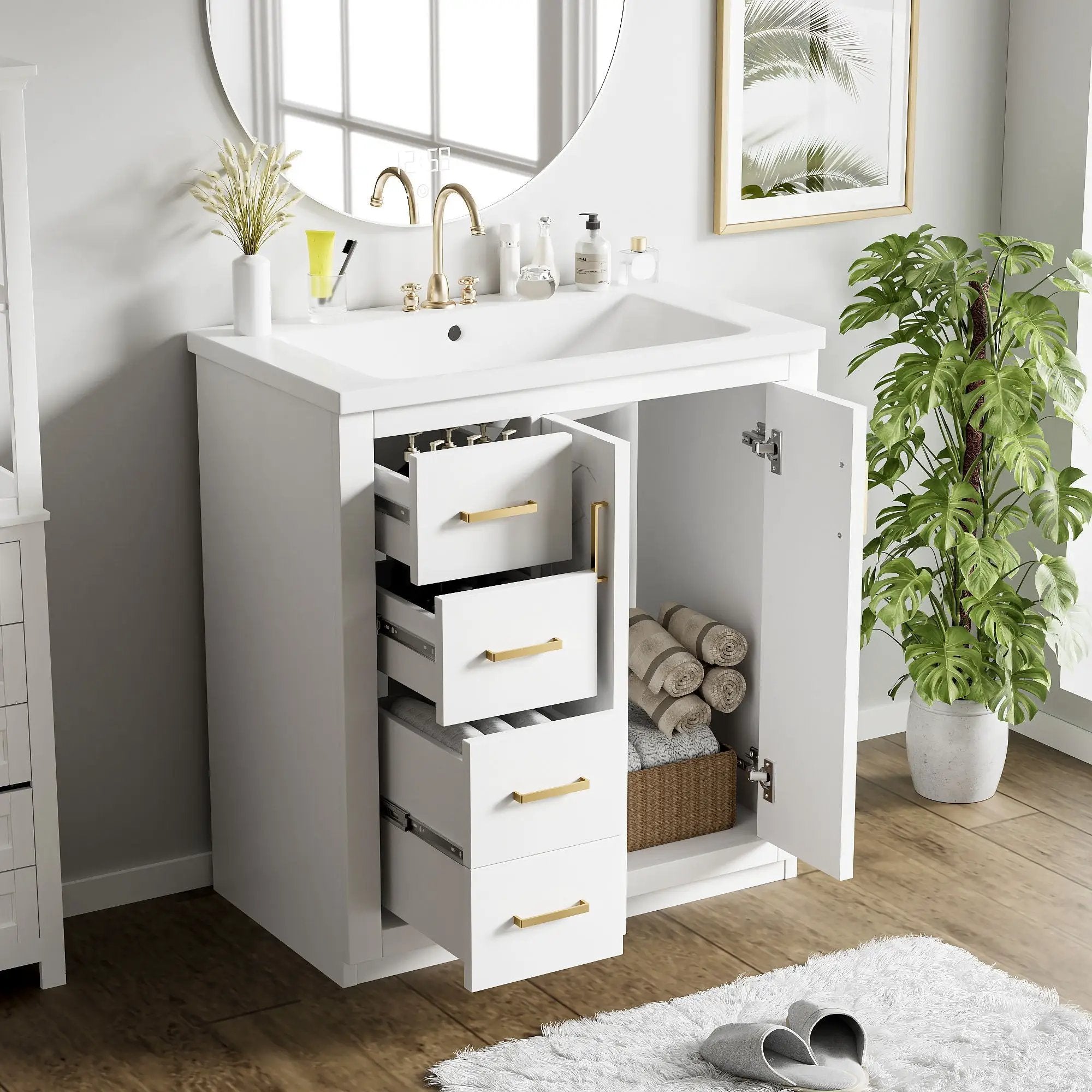 Ceramic Sink Combo, Freestanding Vanity Set With 3 Drawers & Soft Closing Doors