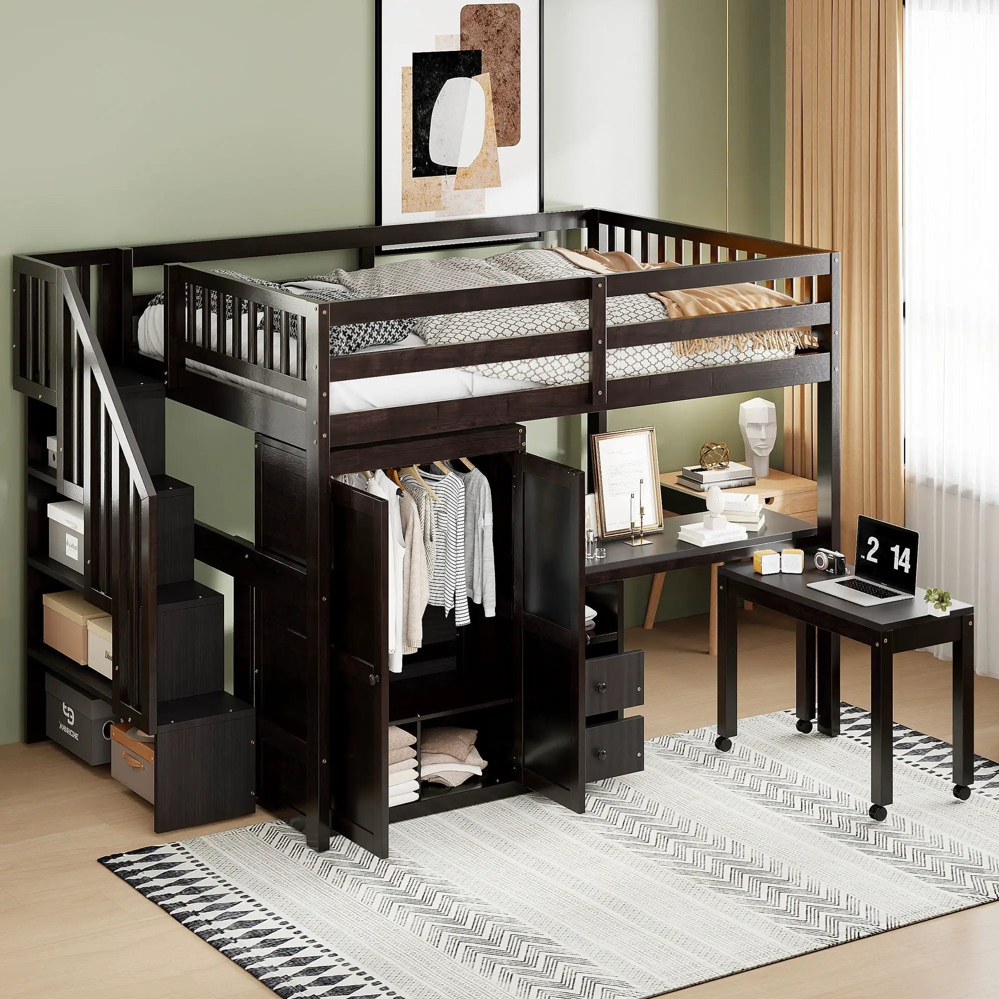 Loft Bed With Stairs, Bookshelf, Drawers, Desk & Wardrobe, Space Saving Multifunctional Furniture by HouseOfZazla
