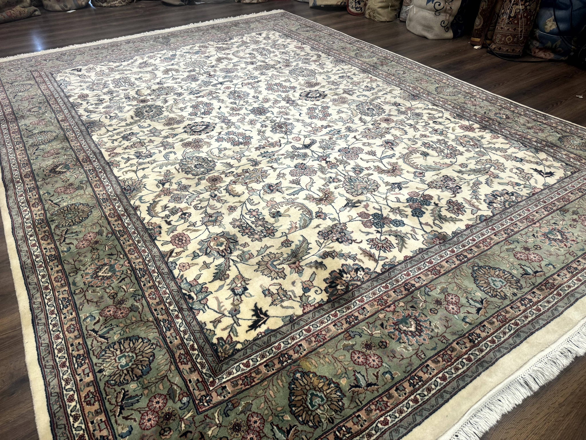 Indo Persian Rug 9x12, Allover Floral Pattern, Ivory & Green, Traditional Oriental Carpet by Jewel Rugs