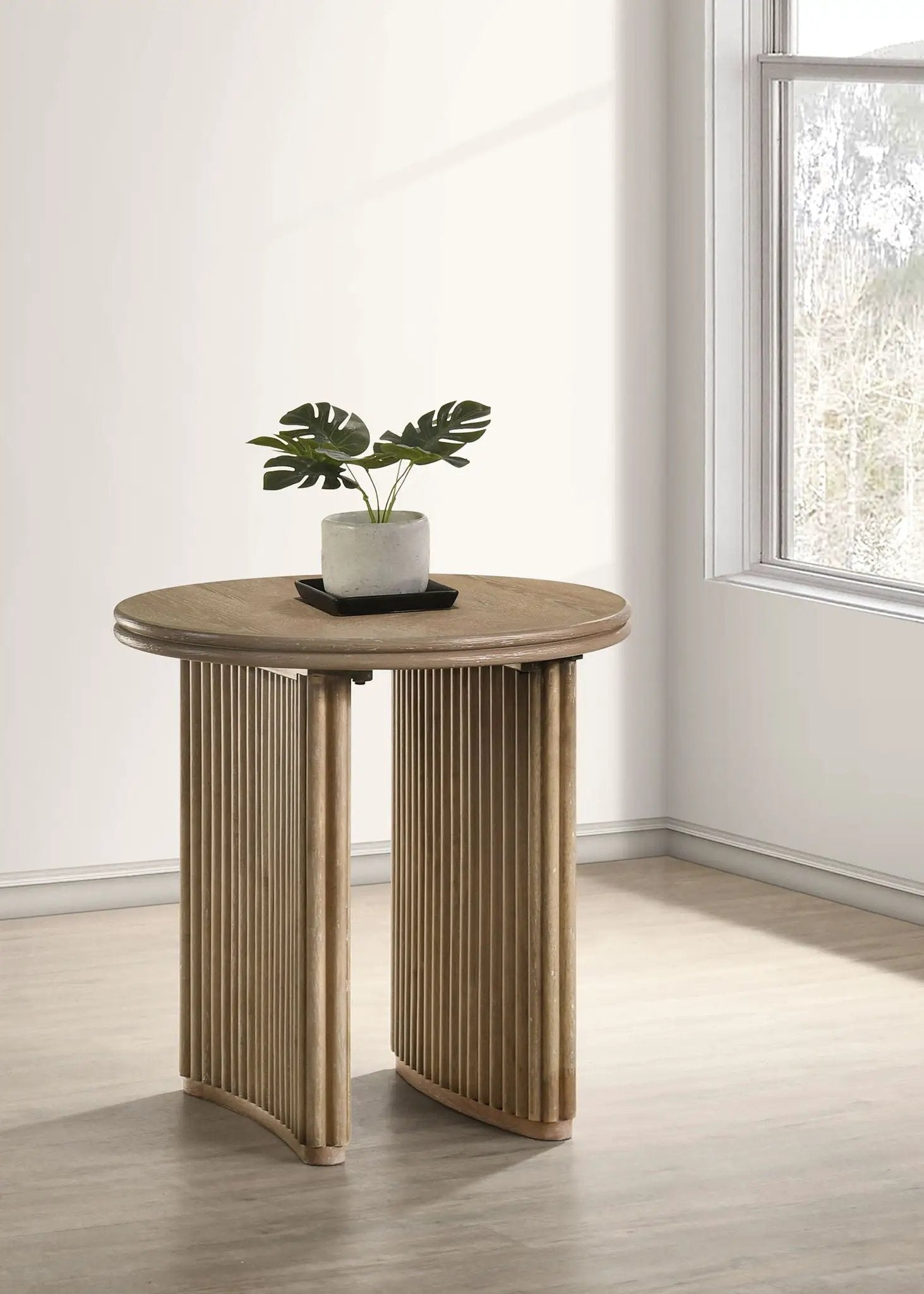 Adina Round Wood Side End Table Distressed Light Brown by Unique Piece Furniture