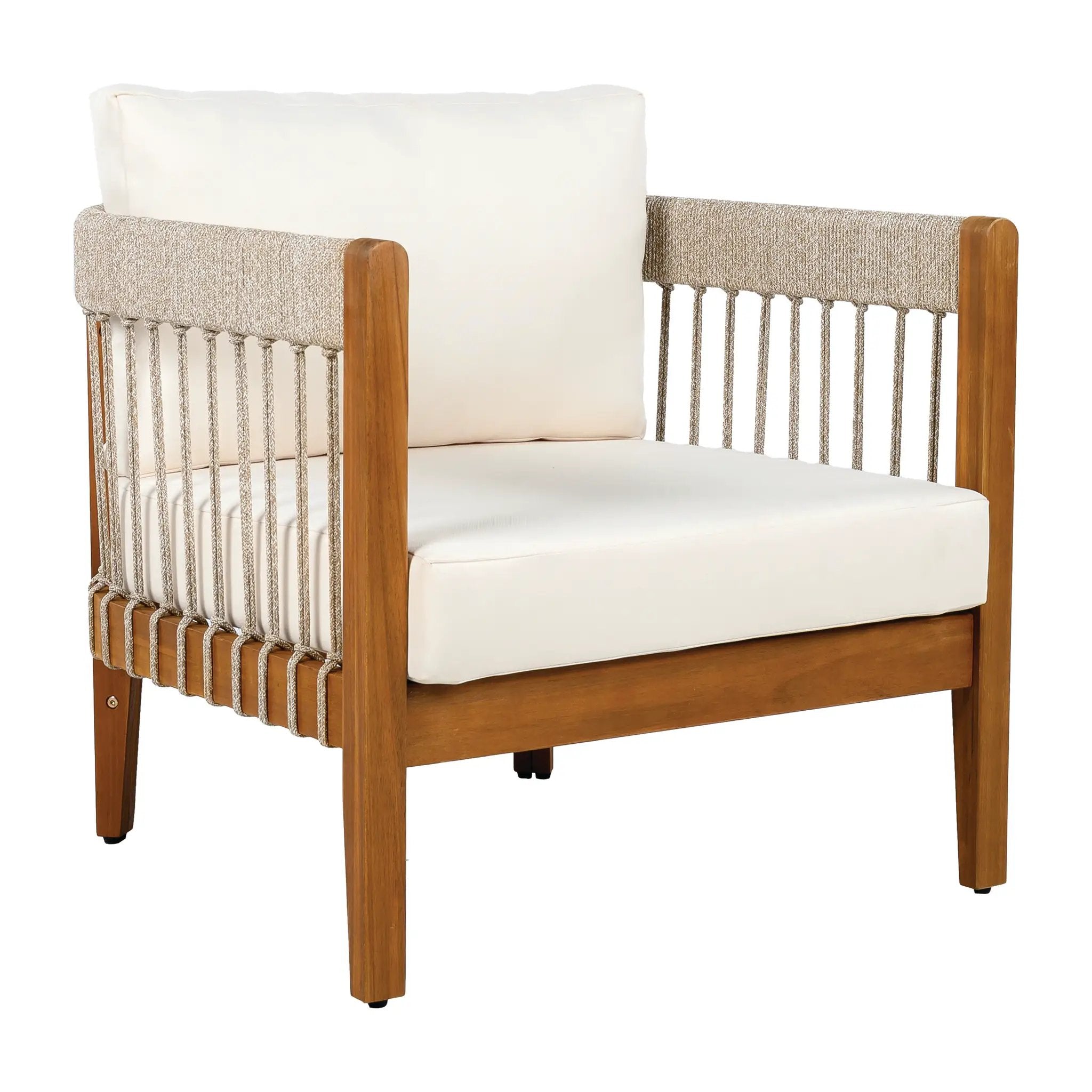 Acacia Wood Outdoor Club Chair with Handwoven Rope Accents & Curved Backrest by HouseOfZazla