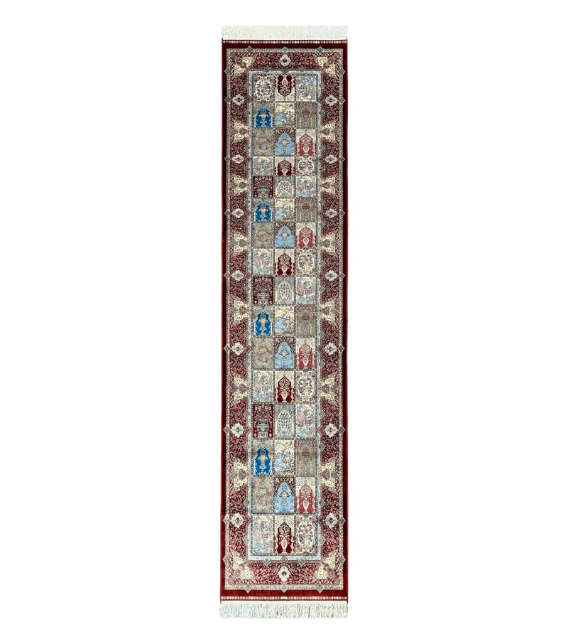 Turkish Silk Runner Rug 2.6 x 11.6, Panel Design, Dark Red Ivory, Bamboo Silk, New by Jewel Rugs