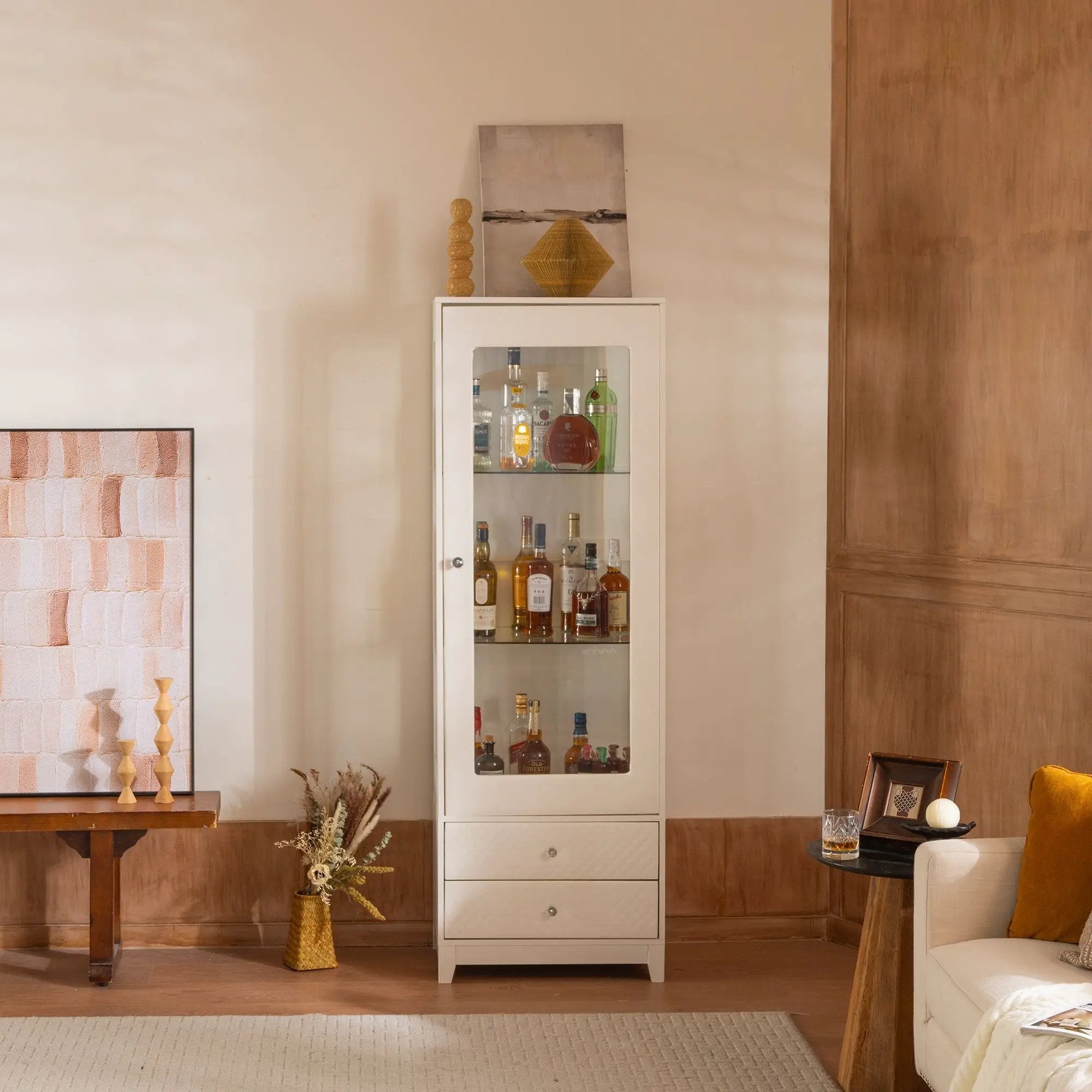 Modern Upholstered Glass Display Cabinet With Adjustable LED Light - White by Unique Piece Furniture