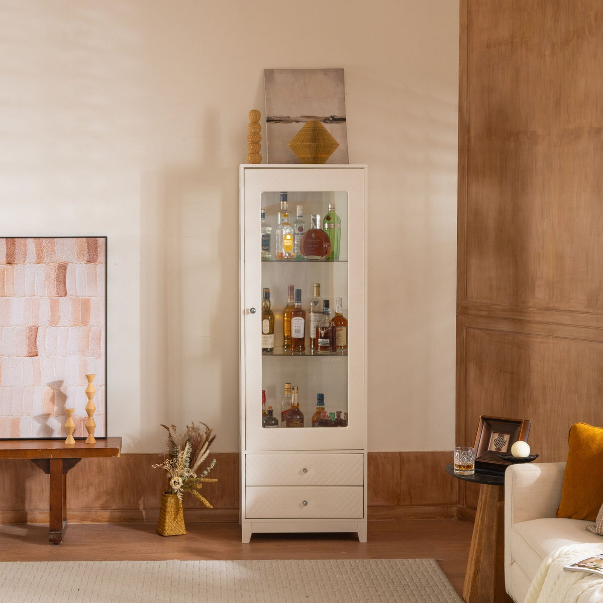 Modern Upholstered Glass Display Cabinet with Adjustable LED Light - White, photo 16 of 21