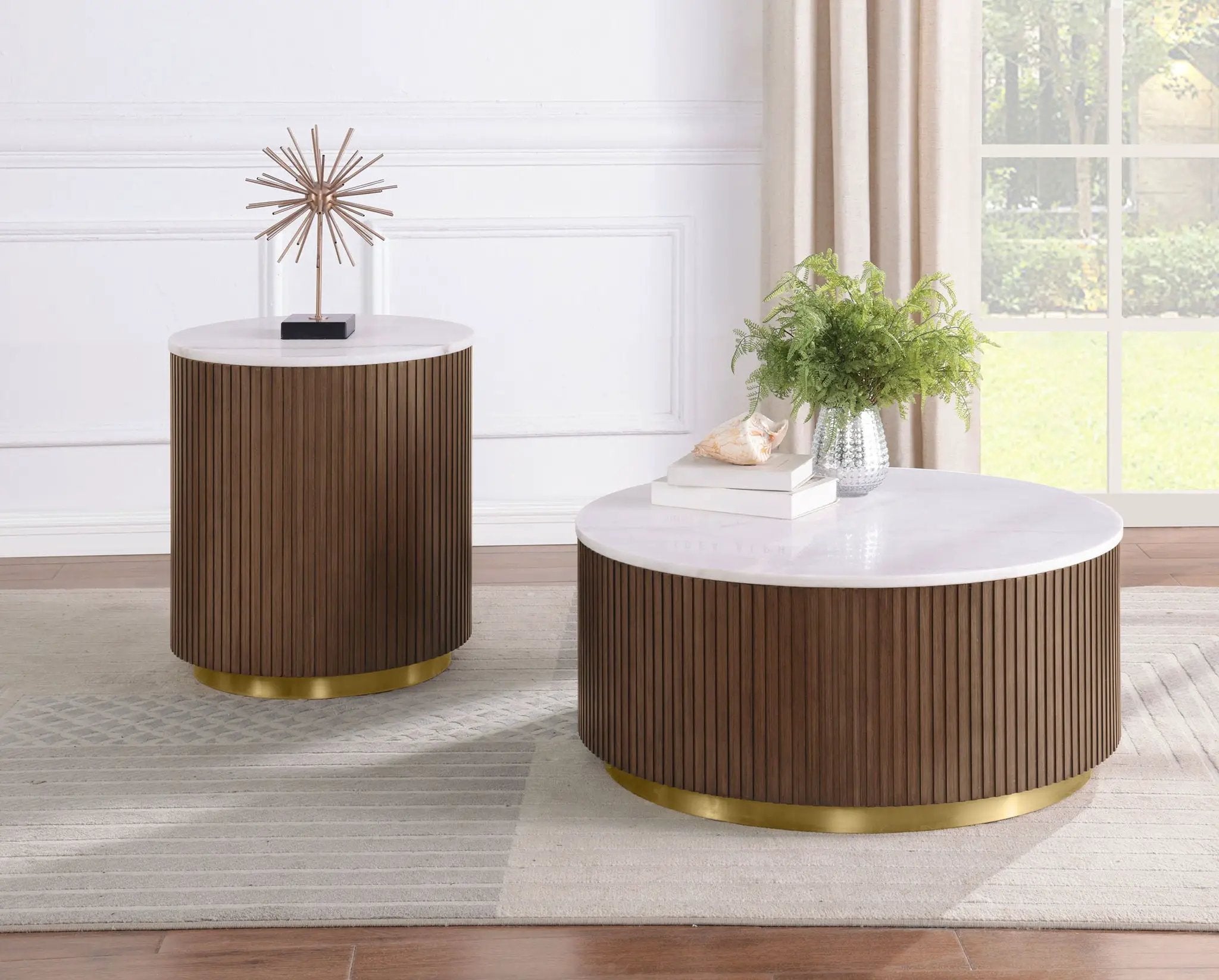 Jason Round White Marble Top Side End Table Honey Brown by Unique Piece Furniture
