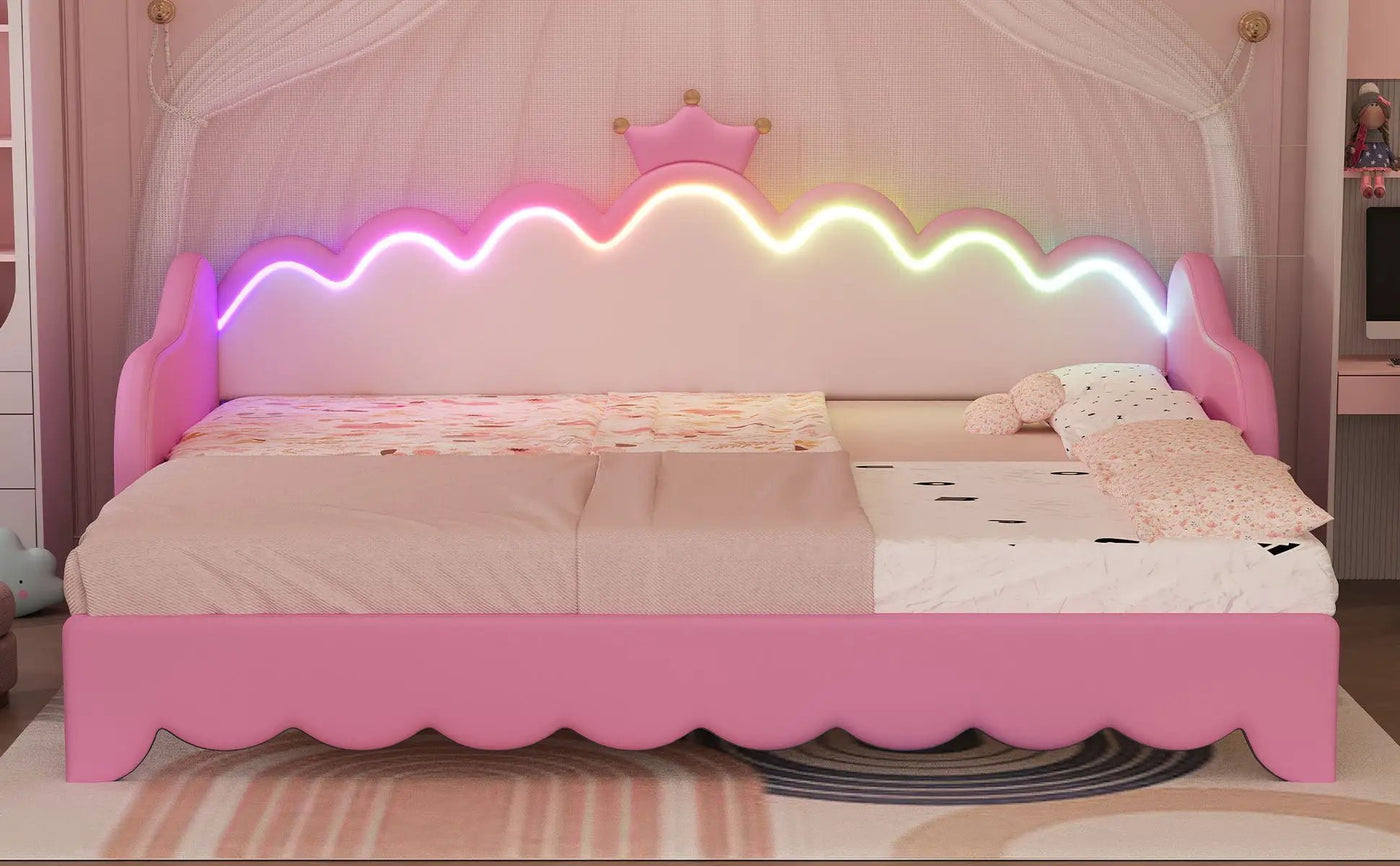 Extending Daybed With LED Lights, Modern Upholstered Princess Daybed With Crown Headboard by HouseOfZazla