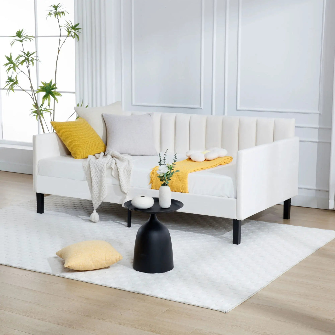 Elena - Boucle Upholstered Daybed, Ribbed Tufted Backrest by HouseOfZazla