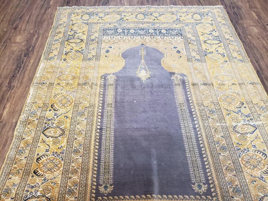 Rare Turkish Ghiordes Prayer Rug 4 x 5.8 ft, Late 19th Century Turkish Oriental Carpet, Mehrab Antique Prayer Rug, Museum Quality, Blue, Tan by Jewel Rugs