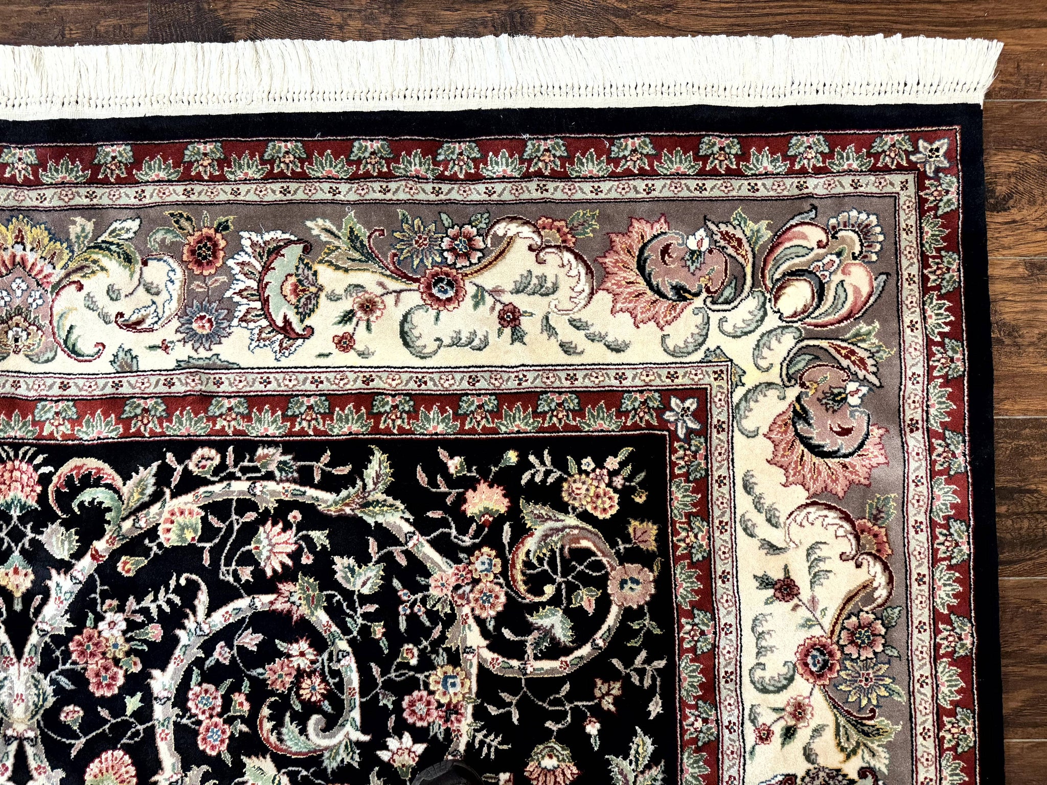 Black Pak Persian Rug 8x11, Floral Pattern, Hand Knotted Vintage Wool Rug with Silk Highlights, Fine 200 KPSI by Jewel Rugs