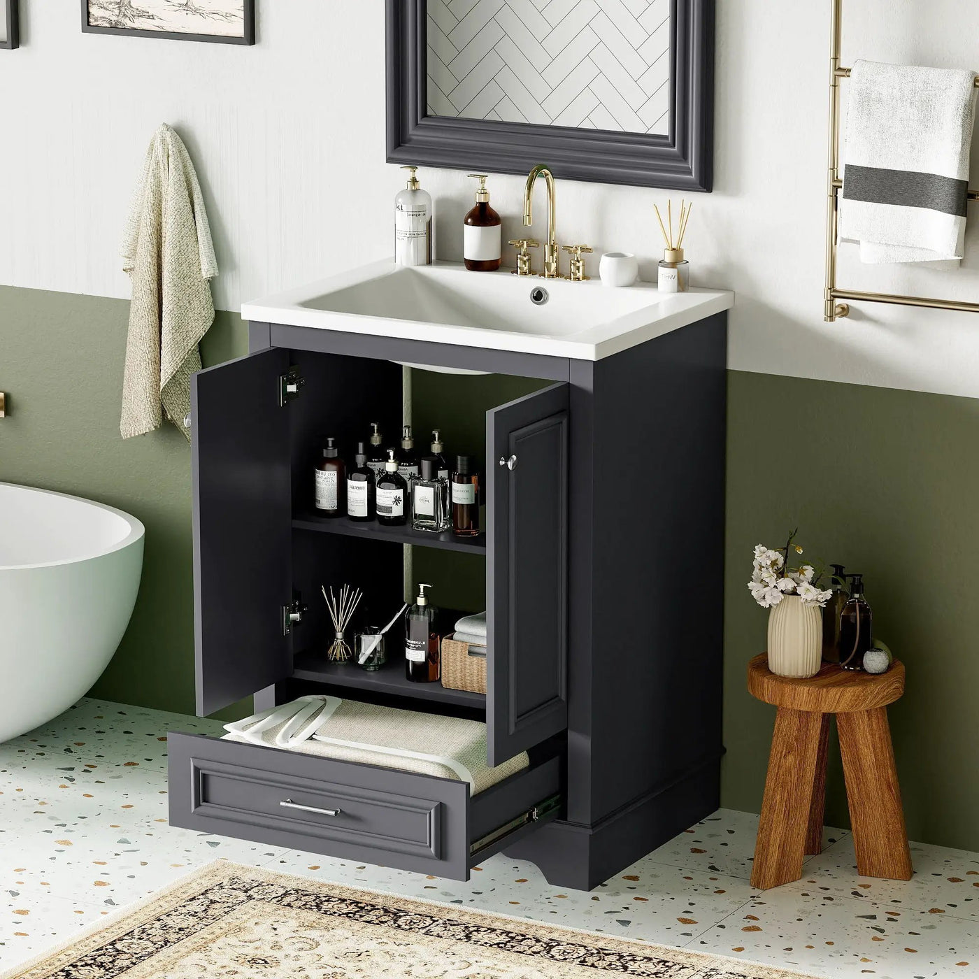 Bathroom Vanity With Ceramic Sink Combo, Modern Freestanding Storage Cabinet With Silver Handles by Unique Piece Furniture