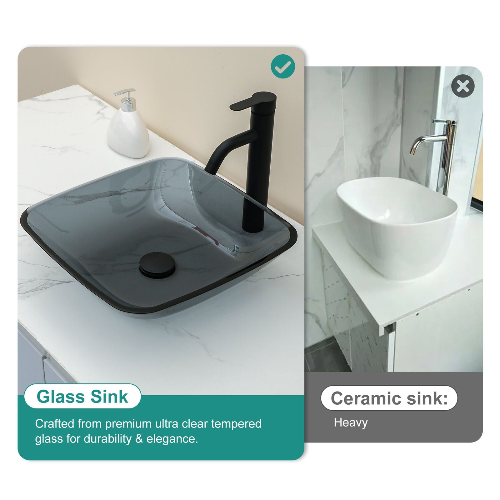 Square Vessel Sink For Bathroom, Above Counter Design With Pop Up Drain, Smooth Rounded Edges - Gray by HouseOfZazla