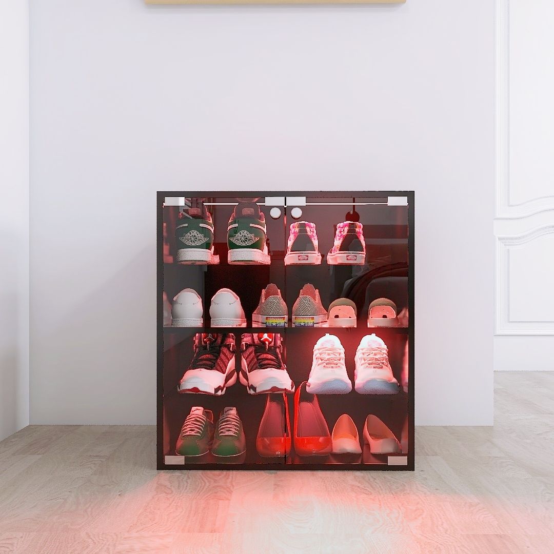 4 Layers Shoe Cabinet With Glass Door And Glass Layer Shoes Display Cabinet With LED Light Bluetooth Control - Black by Unique Piece Furniture