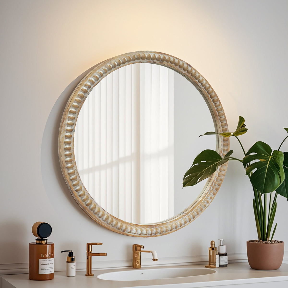 Round Decorative Wall Mirror with Distressed Wood Beaded Frame - 35.43", photo 8 of 9