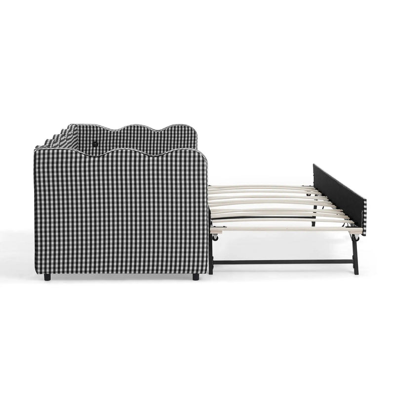 Gingham Daybed With USB Charging Port, Wave Shaped Design