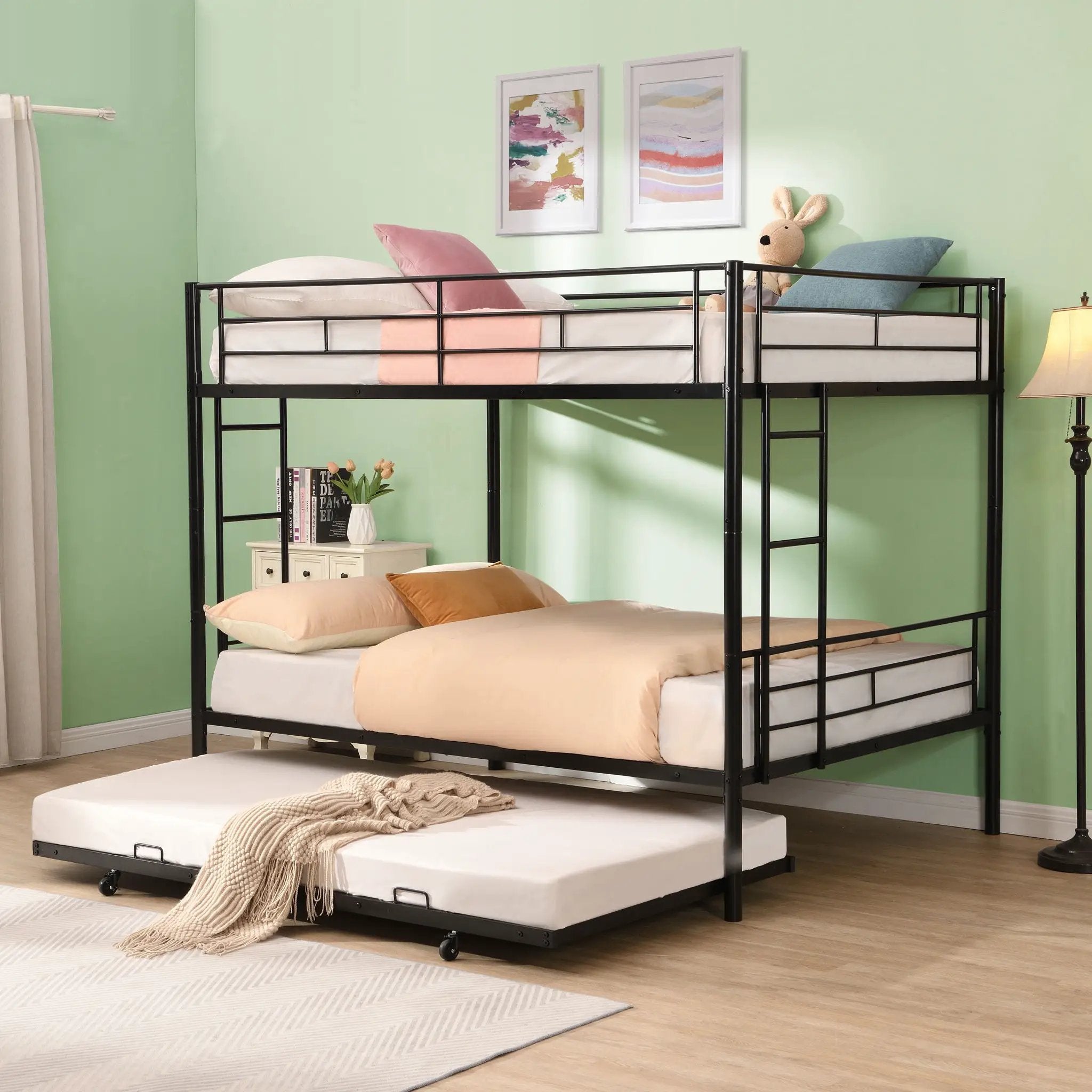 Full Over Full Modern Metal Bunk Bed With Trundle - Black by HouseOfZazla