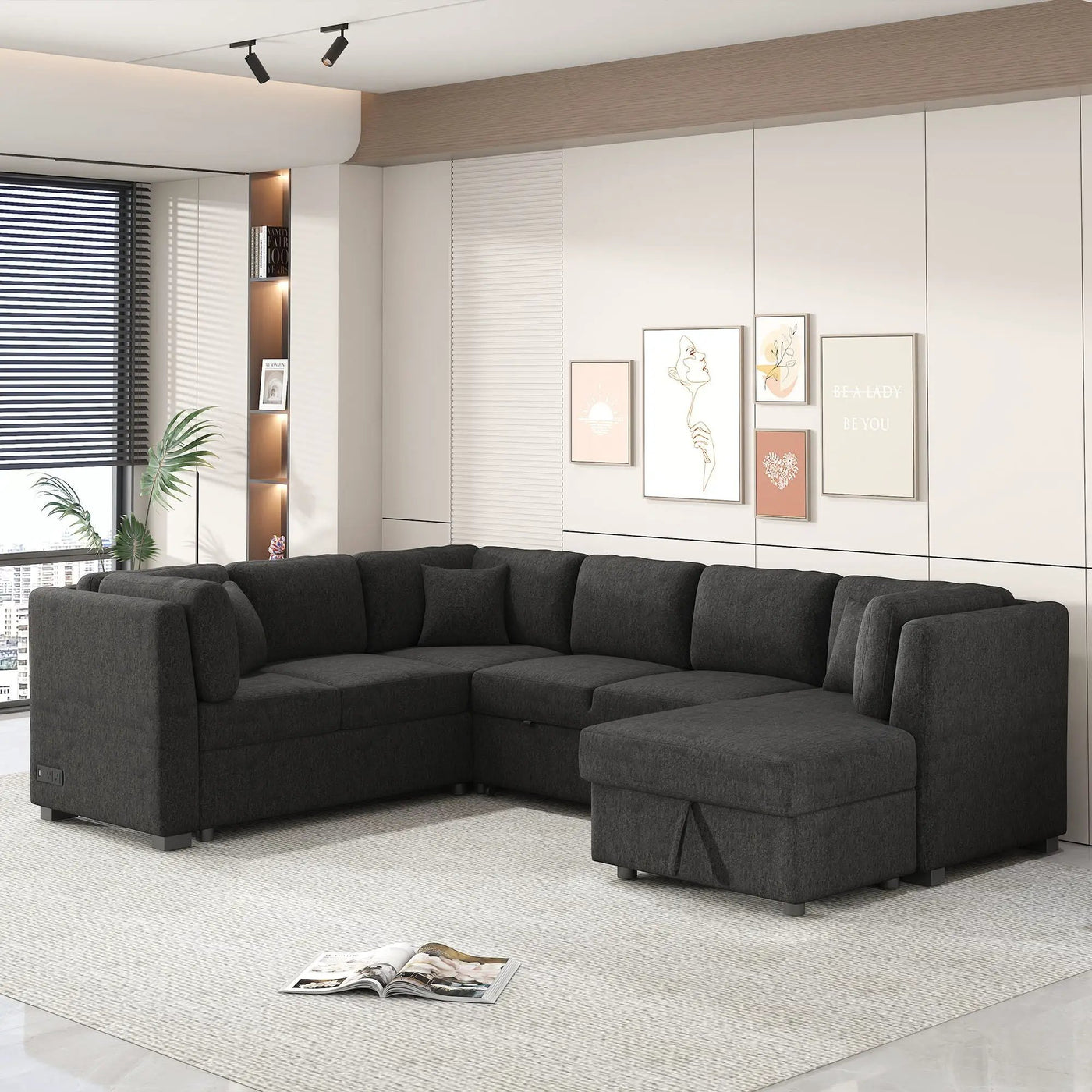 U-Shaped Sectional Sofa Pull Out Sofa Bed With Two USB Ports, Two Power Sockets, Three Back Pillows And A Storage Chaise For Living Room by Unique Piece Furniture