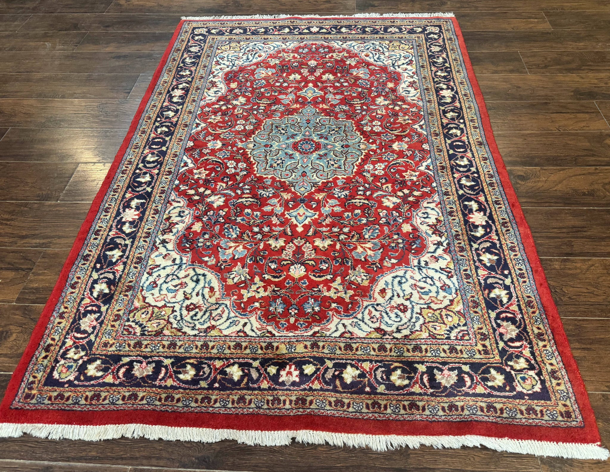 Persian Sarouk Rug 4x7, Red Navy Blue Vintage Wool Medallion Carpet by Jewel Rugs