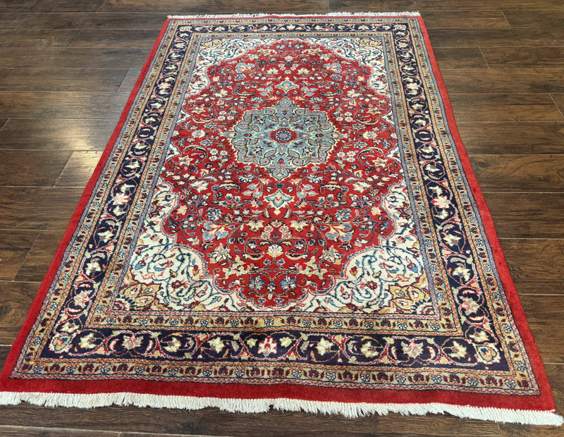 Persian Sarouk Rug 4x7, Red Navy Blue Vintage Wool Medallion Carpet by Jewel Rugs