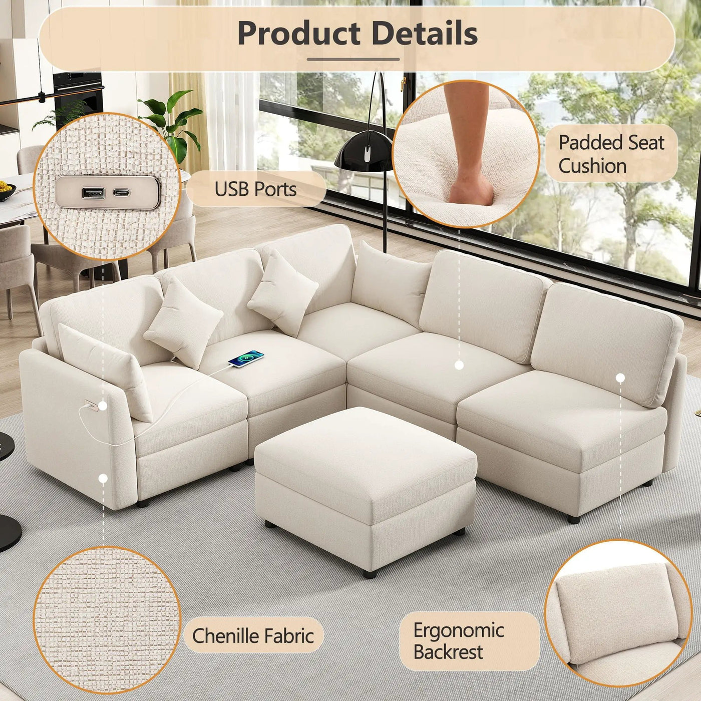 Sectional Sofa Modular U-Shaped With Ottoman & USB Ports by Unique Piece Furniture