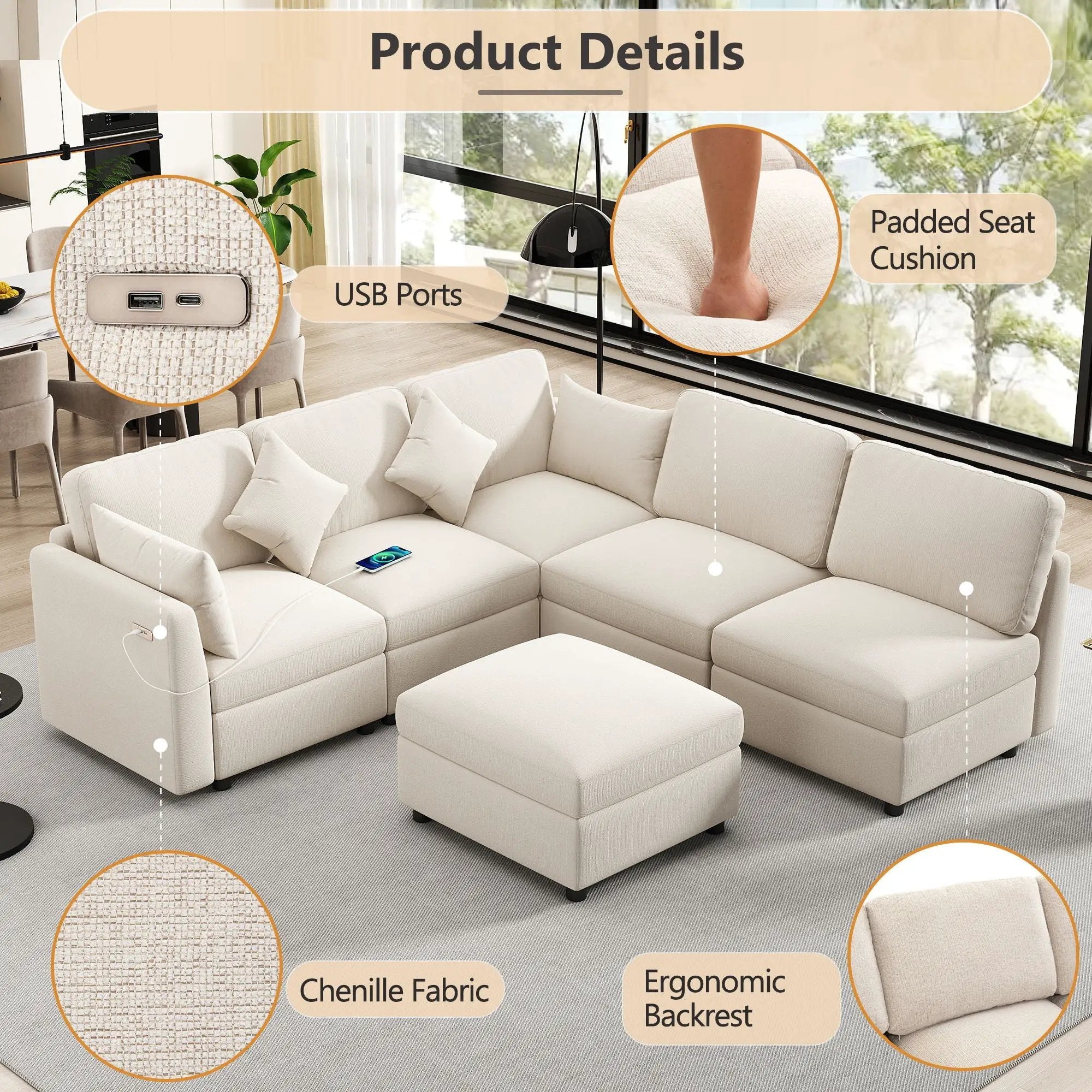 Sectional Sofa Modular U-Shaped With Ottoman & USB Ports by Unique Piece Furniture