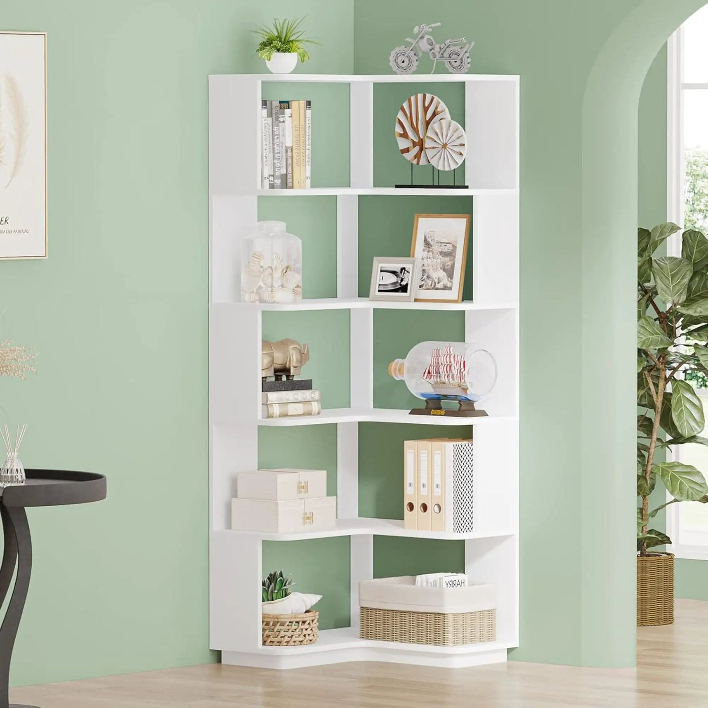 6 Tier Corner Bookshelf, L-Shaped Freestanding Shelf With Anti Drop Panels by HouseOfZazla