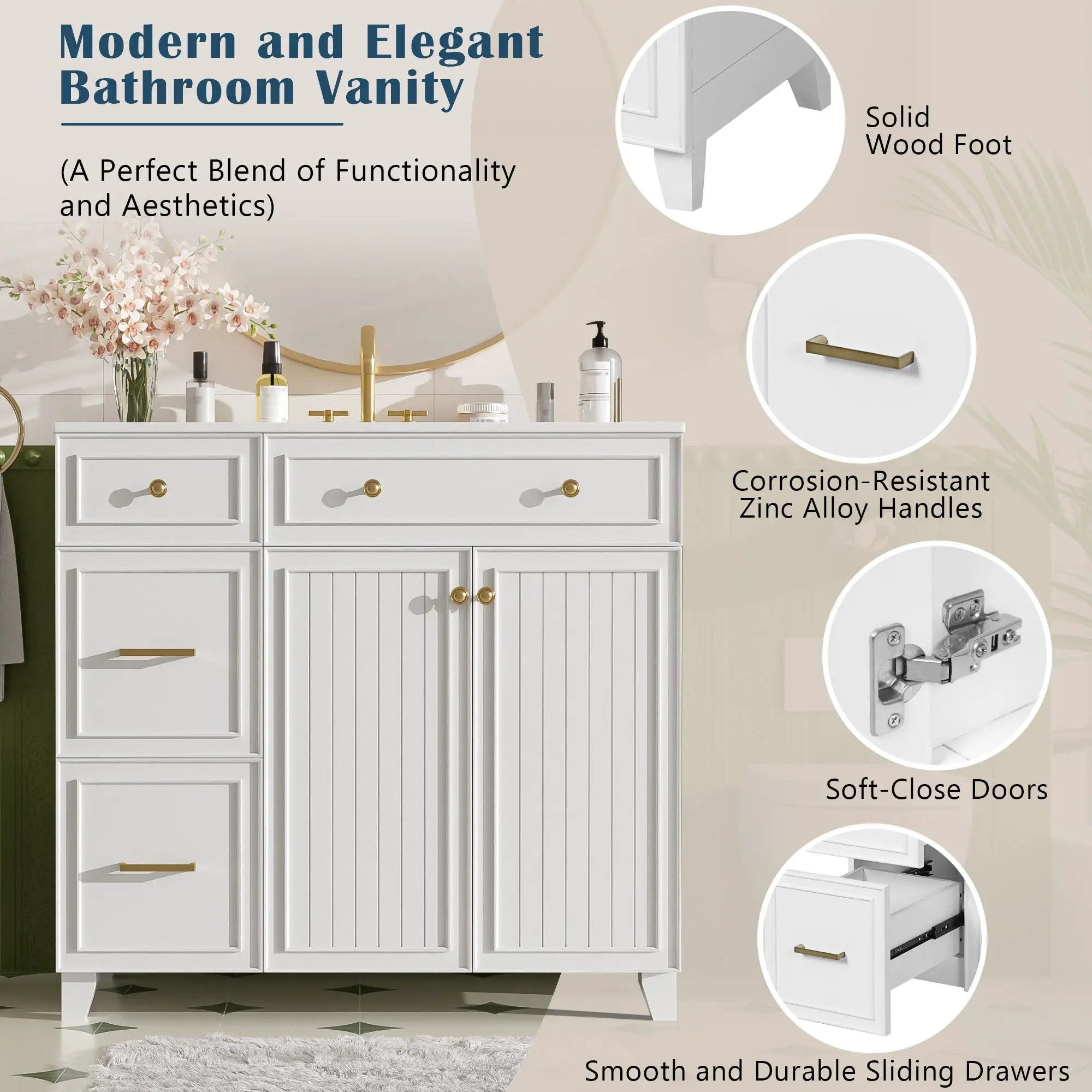 Bathroom Vanity With Sink, Soft Close Doors, Adjustable Shelves