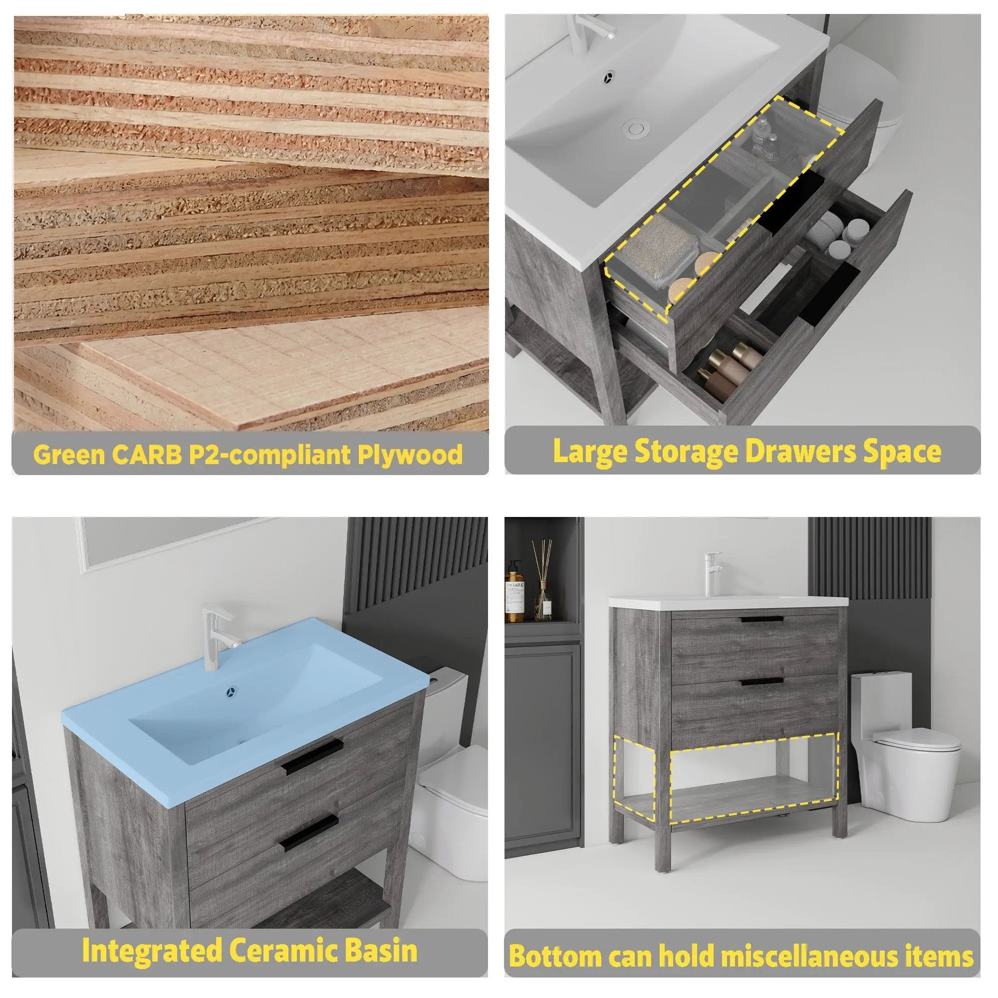 36 Inch Freestanding Bathroom Vanity with Sink, Soft-Close Drawer, Ceramic Sink, Plywood by HouseOfZazla