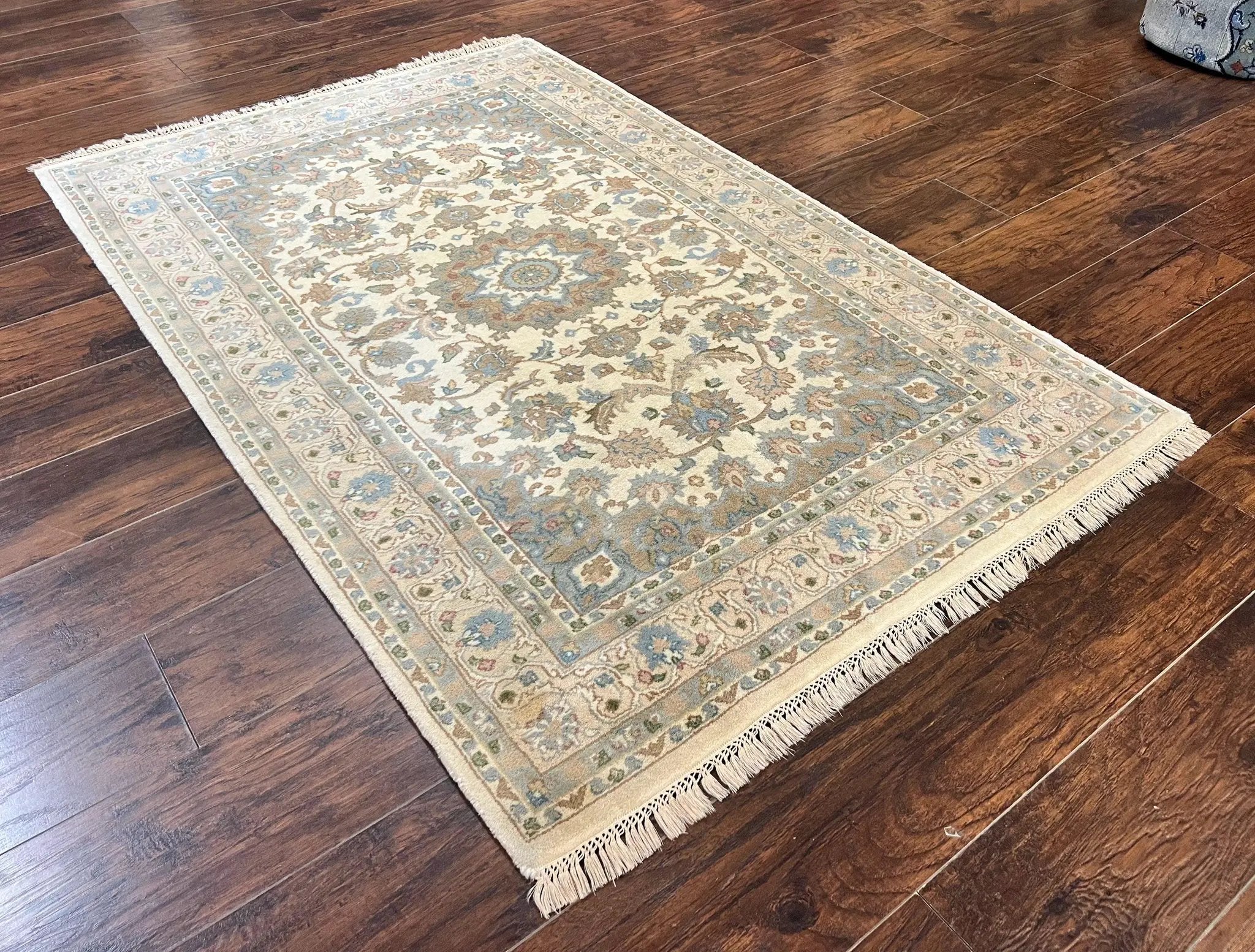 Indo Persian Rug 4x6, Floral Medallion, Beige, Handmade Wool Vintage Carpet 4 x 6 ft by Jewel Rugs