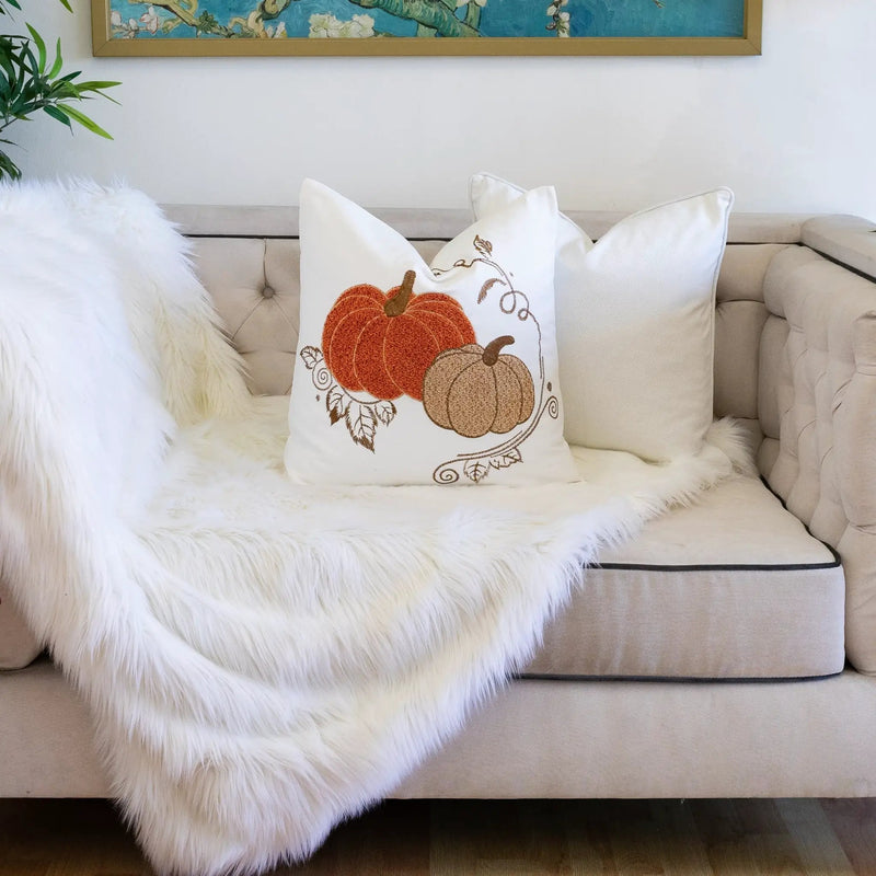 Embroidered Harvest Pumpkin Pillow – Autumn Harvest Accent Cushion by HouseOfZazla