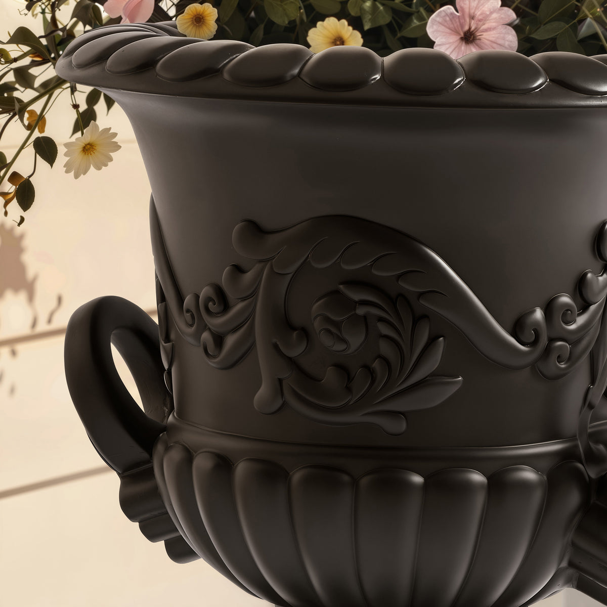 Classical Roman Pedestal Urn Decorative Outdoor Planter with Embossed Floral – Black, photo 3 of 8