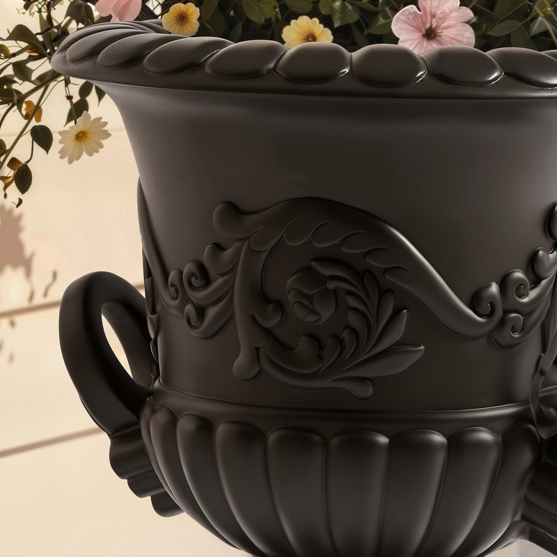 Classical Roman Pedestal Urn Decorative Outdoor Planter with Embossed Floral – Black, photo 3 of 8