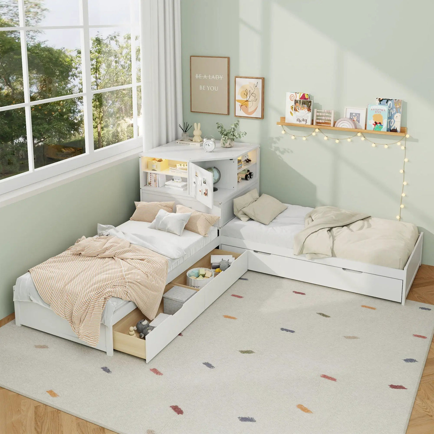 L-Shaped Bed Frame With Trundle, Built In Desk & LED Lighting by HouseOfZazla