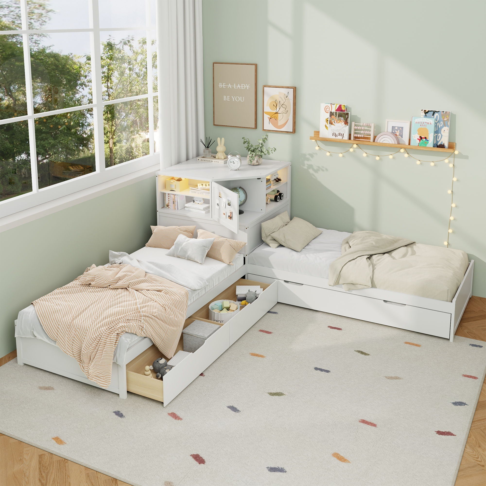 L-Shaped Bed Frame With Trundle, Built In Desk & LED Lighting by HouseOfZazla