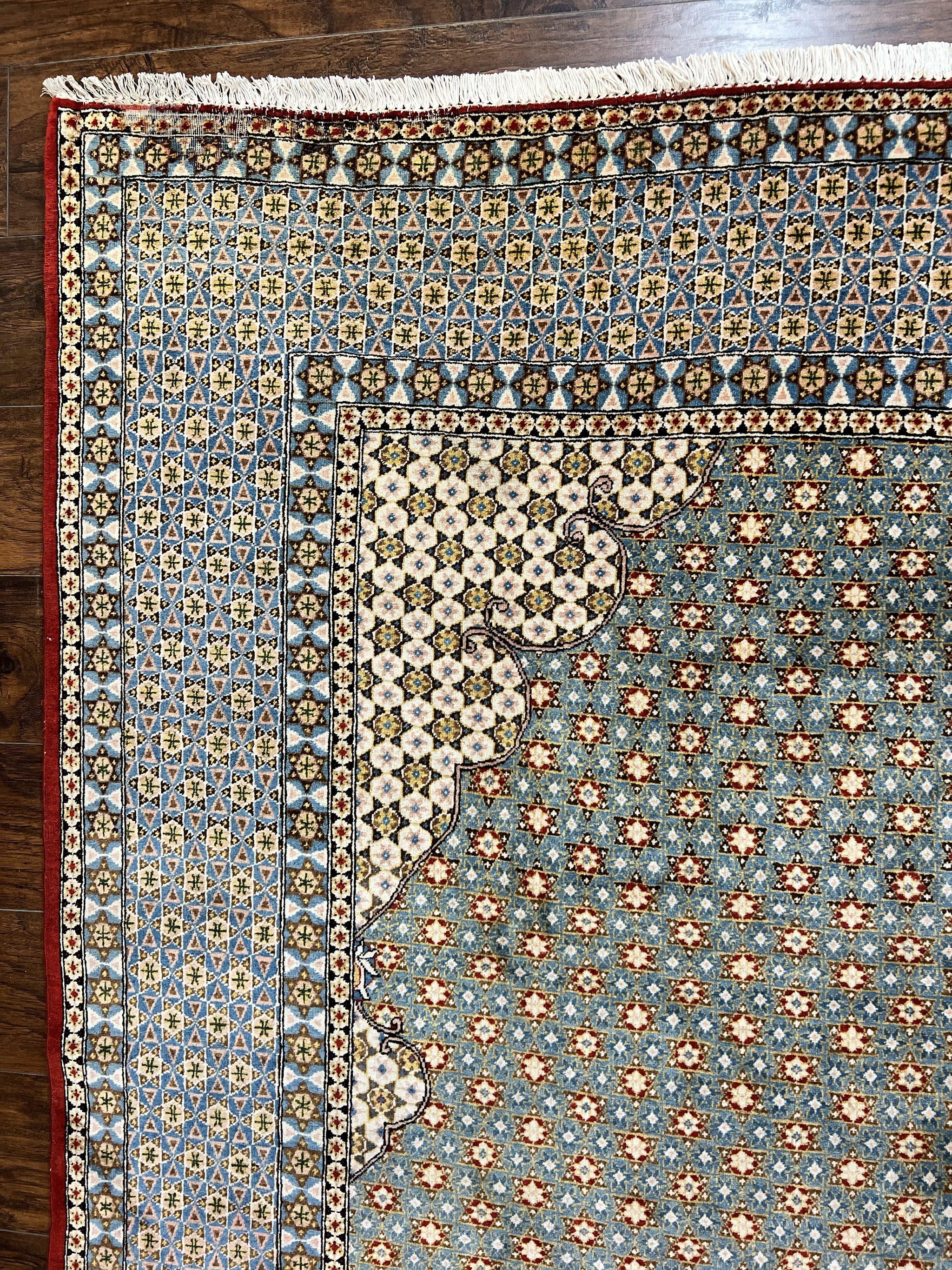 Rare Persian Rug 8x12, Qum Rug, Repeated Star Motifs, Blue and Ivory, Fine 300 KPSI, Hand Knotted Handmade Vintage Wool Rug by Jewel Rugs