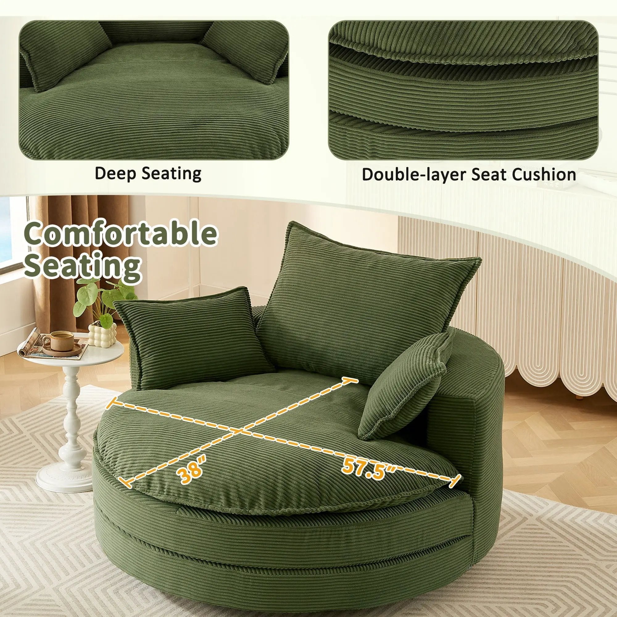 360° Swivel Accent Barrel Chair With Dual Layer Cushion And 3 Removable Pillows by Unique Piece Furniture