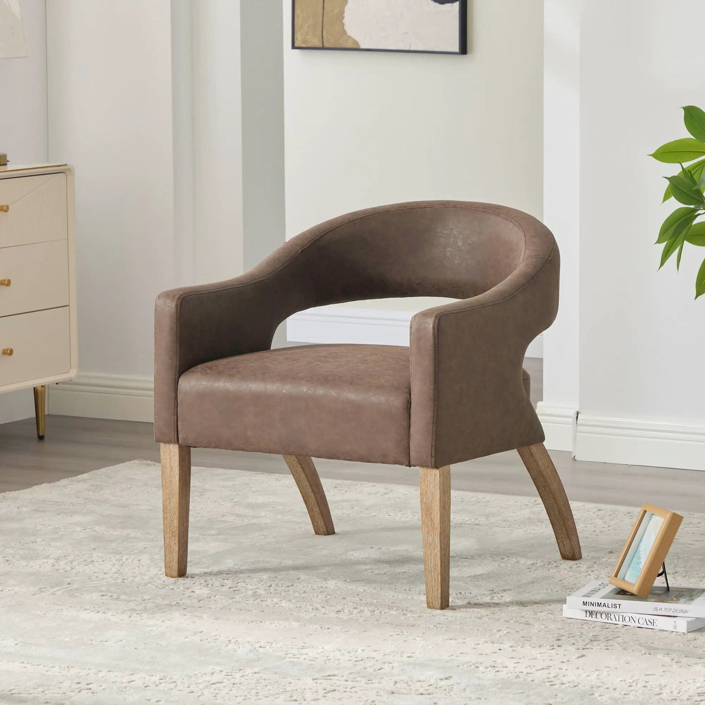 Upholstered Open Back Armchair With Weathered Rubberwood Legs by HouseOfZazla