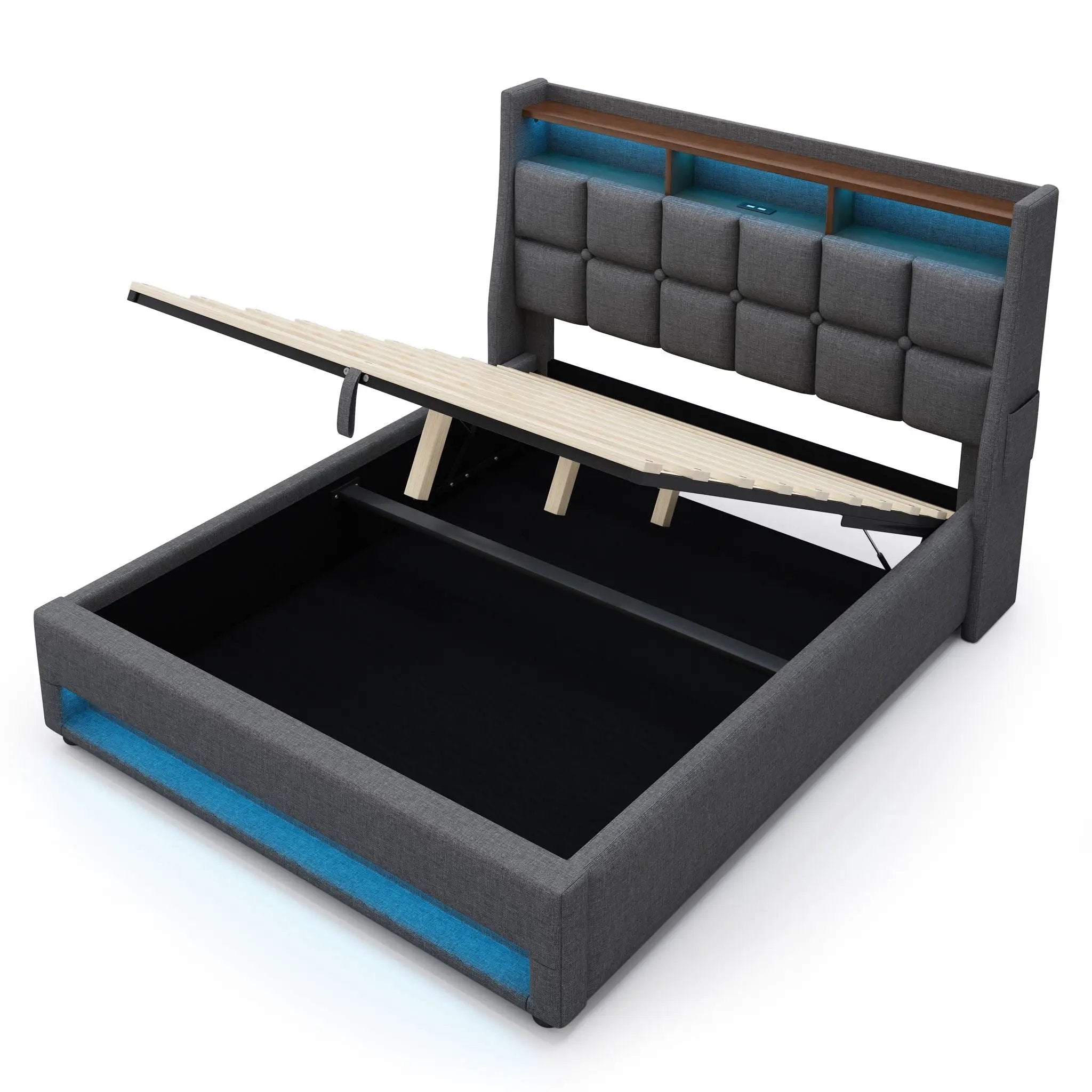Platform Bed With Hydraulic Storage, LED Lighting & Charging Station by HouseOfZazla