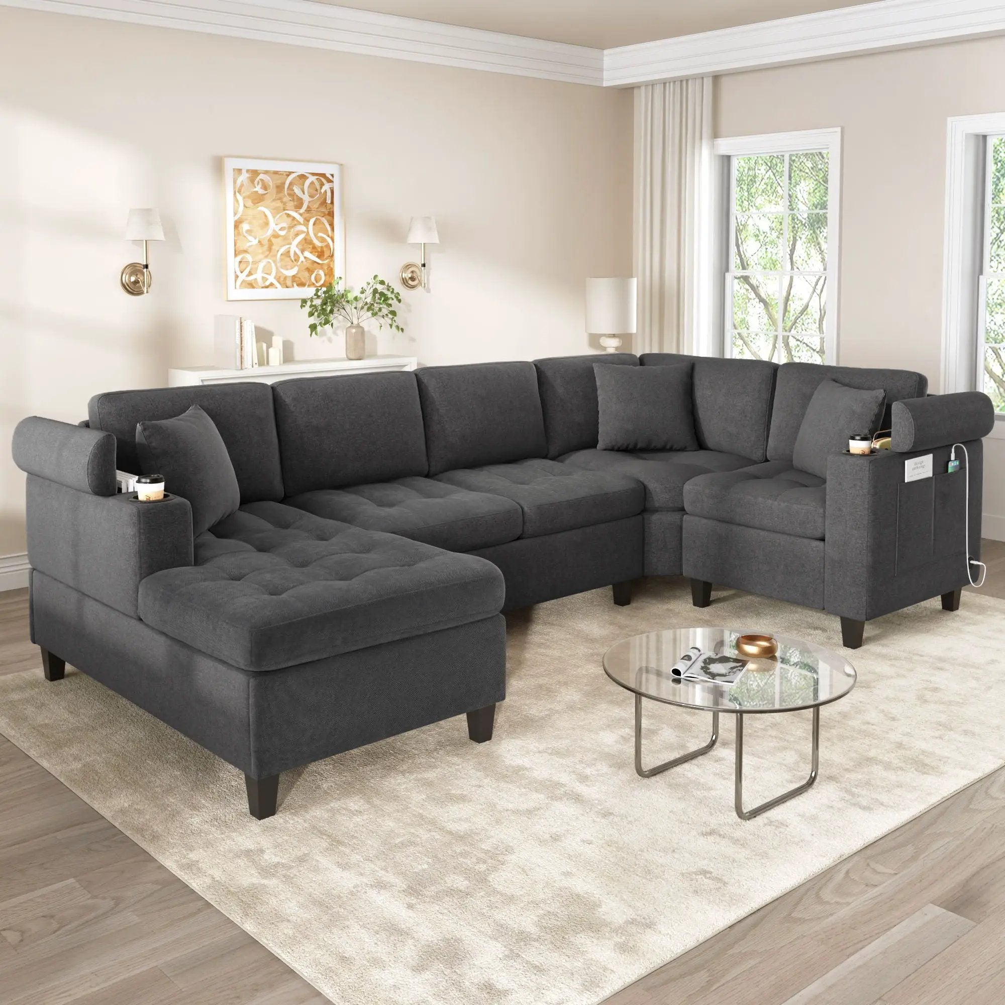 U Shaped Sectional Sofa, Corner Living Room Couch With Built In Cup Holders, Storage, USB Ports by Unique Piece Furniture