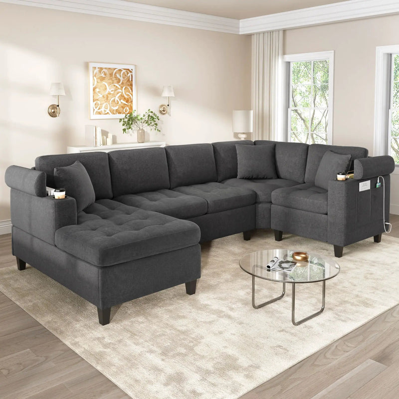 U Shaped Sectional Sofa, Corner Living Room Couch With Built In Cup Holders, Storage, USB Ports by HouseOfZazla