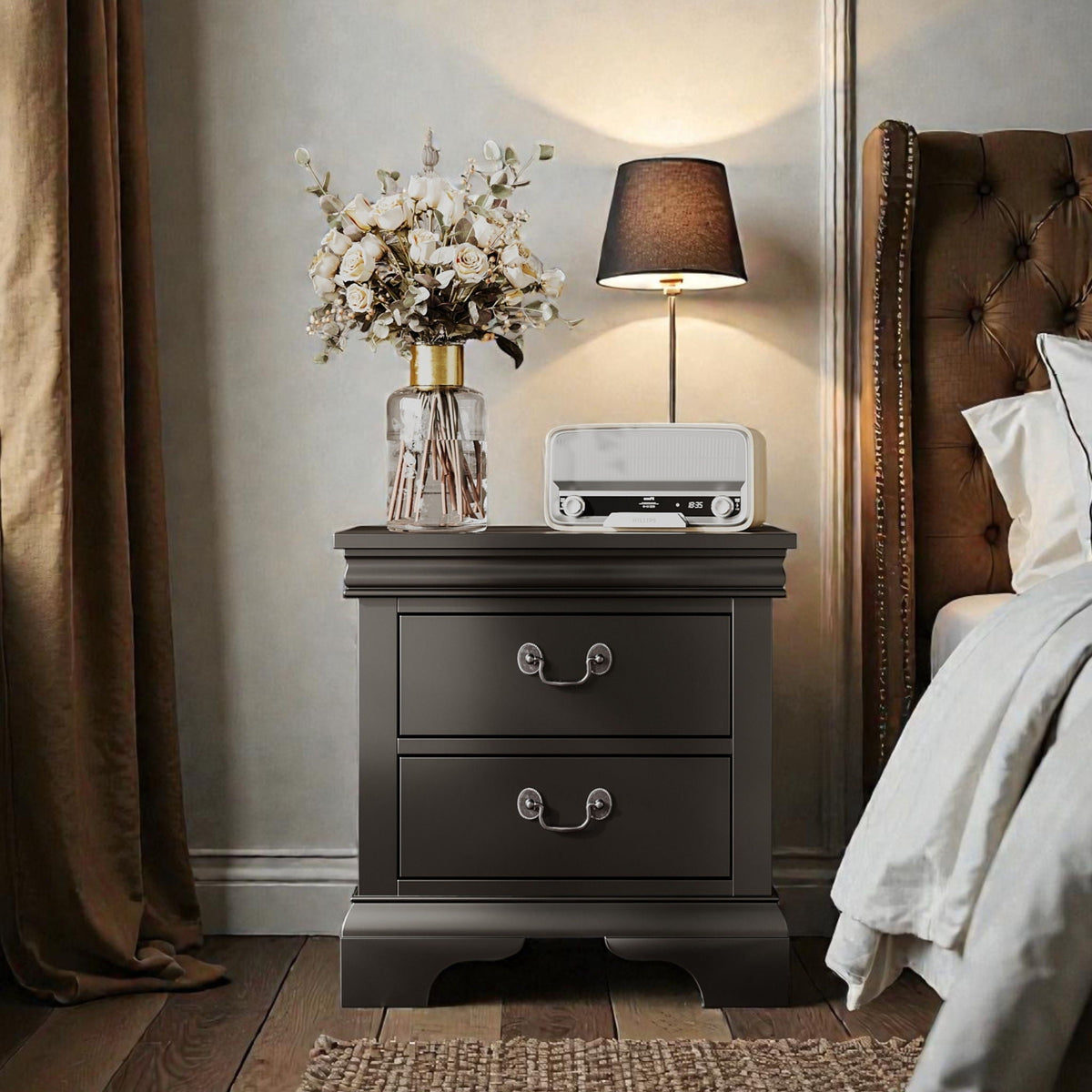 Wood Nightstand with 2 Drawers - Traditional Accent Table - White, Black, or Dark Brown, photo 10 of 12