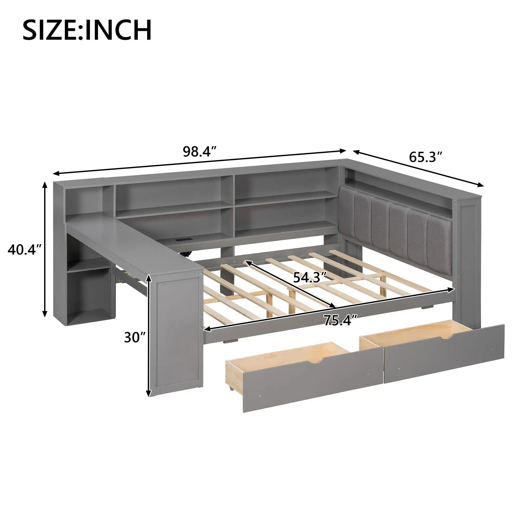 Platform Bed With Upholstered Headboard, Storage Shelves, Drawers, Charging Station, LED Lighting, Built In Desk by Unique Piece Furniture