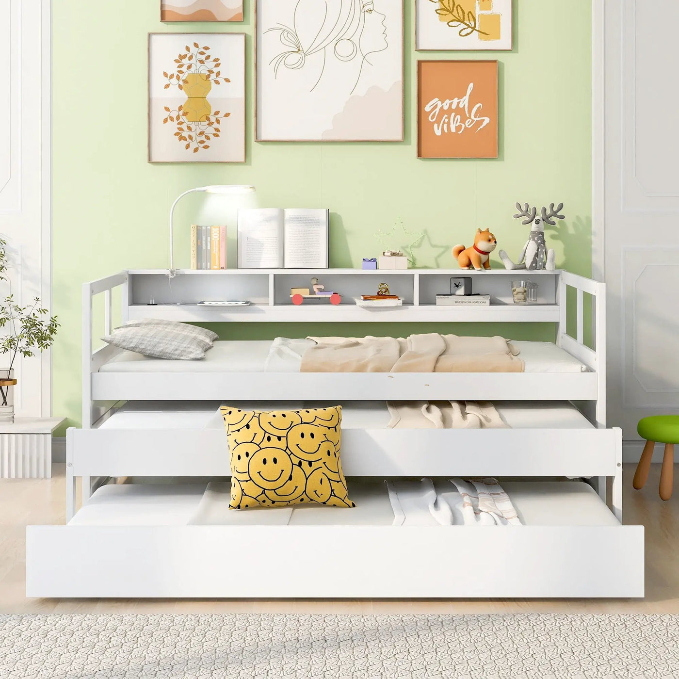 Daybed With 2 Trundles, 3 Storage Cubbies, Built In USB Charging Light by Unique Piece Furniture