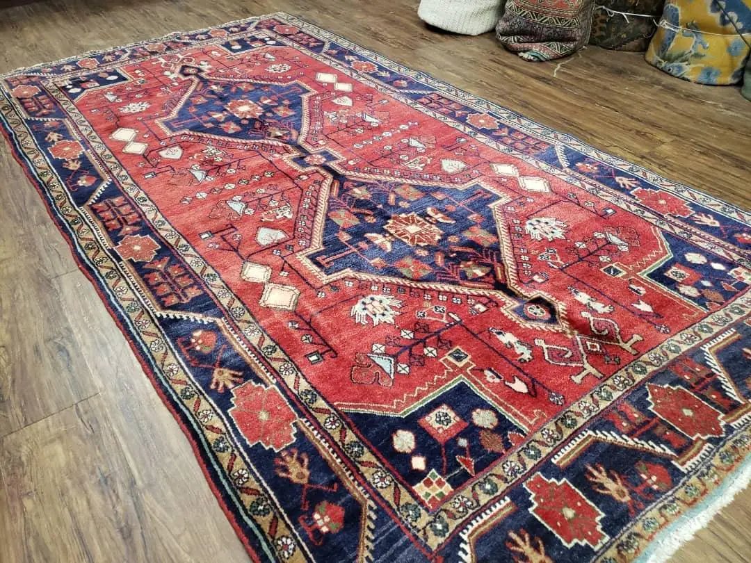 Antique Persian Zanjan Nahavand Heriz Rug, Red & Blue, Hand-Knotted, 5' x 9' 7" by Jewel Rugs
