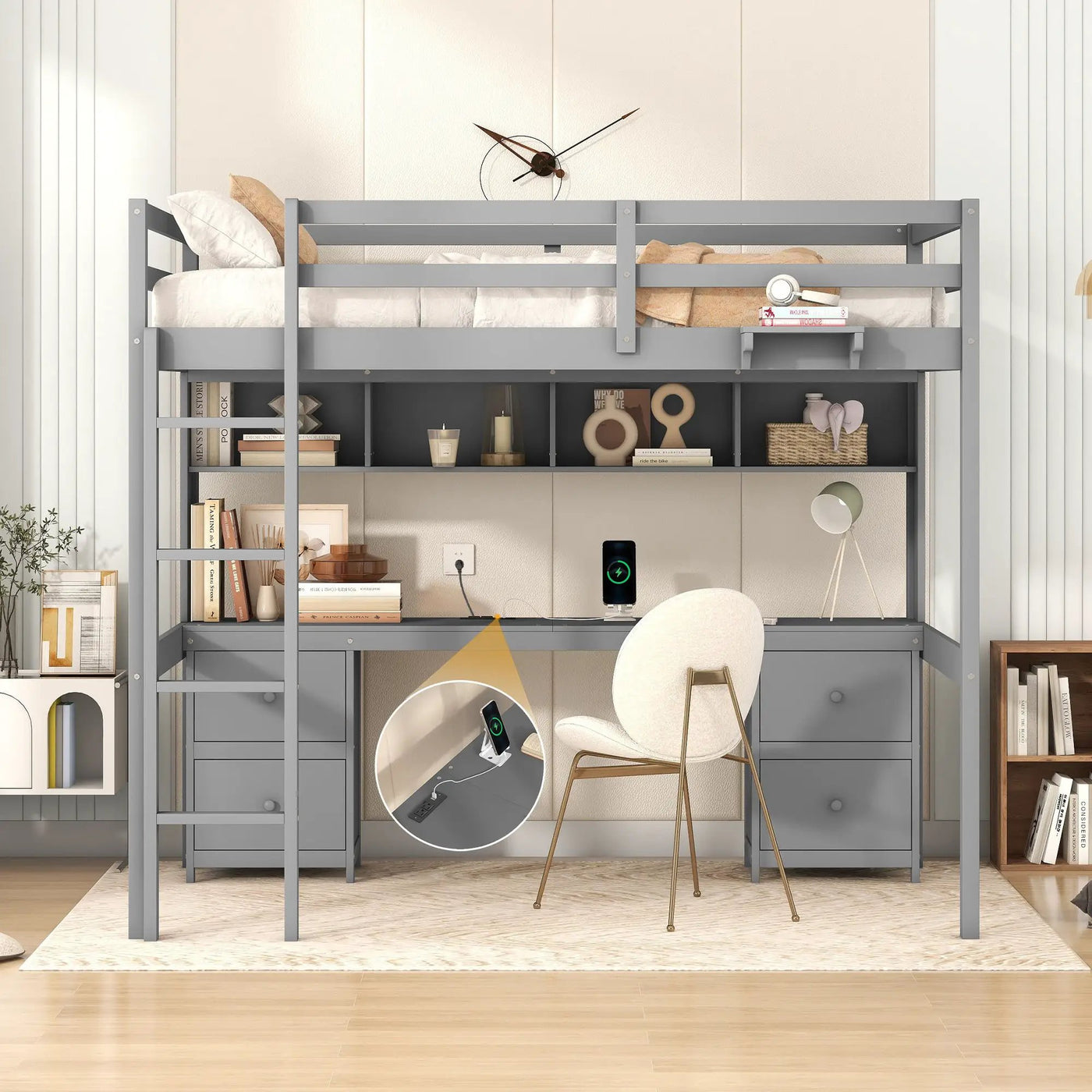 Loft Bed With Desk, Cabinets, Drawers, Charging Station And Bedside Tray by HouseOfZazla
