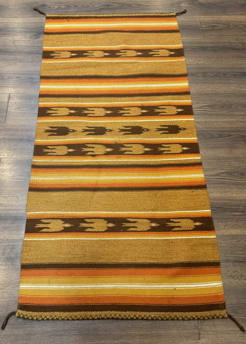 South American Rug Blanket 2.7 x 5.6, Wool, Handmade, Navajo Design, Orange Brown by Jewel Rugs