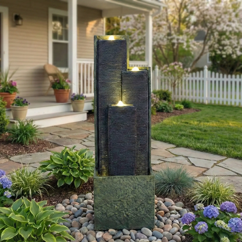 39" H Outdoor Water Fountain Modern Cascading Freestanding Fountain with LED Lights for Garden Patio Porch Lawn by HouseOfZazla